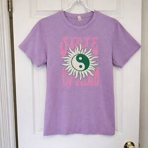 Lavender Graphic Tee with Sun and Yin-Yang Design